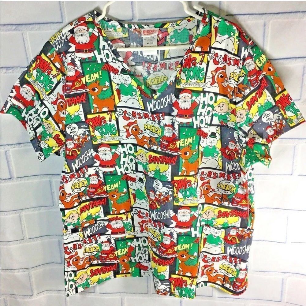 Rudolph Scrub Top Santa Christmas NWT Size XL.